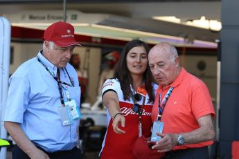 World © Octane Photographic Ltd. Formula 1 - British GP - Paddock. Ruben Juan Fangio - son of Juan Manuel Fangio, Tatiana Calderon - Development Driver Sauber F1 Team and Frederic Vasseur – Team Principal and CEO of Sauber Motorsport AG. Silverstone Circuit, Towcester, UK. Sunday 8th July 2018.