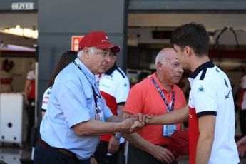 World © Octane Photographic Ltd. Formula 1 - British GP - Paddock. Ruben Juan Fangio - son of Juan Manuel Fangio, Alfa Romeo Sauber F1 Team C37 – Charles Leclerc and Frederic Vasseur – Team Principal and CEO of Sauber Motorsport AG. Silverstone Circuit, Towcester, UK. Sunday 8th July 2018.