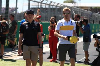 World © Octane Photographic Ltd. Formula 1 – British GP - Drivers’ Parade. Aston Martin Red Bull Racing TAG Heuer RB14 – Max Verstappen and Renault Sport F1 Team RS18 – Nico Hulkenberg. Silverstone Circuit, Towcester, UK. Sunday 8th July 2018.