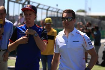 World © Octane Photographic Ltd. Formula 1 – British GP - Drivers’ Parade. Scuderia Toro Rosso STR13 – Brendon Hartley and McLaren MCL33 – Stoffel Vandoorne. Silverstone Circuit, Towcester, UK. Sunday 8th July 2018.