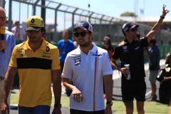 World © Octane Photographic Ltd. Formula 1 – British GP - Drivers’ Parade. Renault Sport F1 Team RS18 – Carlos Sainz and Sahara Force India VJM11 - Sergio Perez. Silverstone Circuit, Towcester, UK. Sunday 8th July 2018.