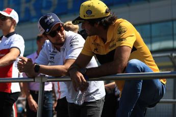 World © Octane Photographic Ltd. Formula 1 – British GP - Drivers’ Parade. Renault Sport F1 Team RS18 – Carlos Sainz and Sahara Force India VJM11 - Sergio Perez. Silverstone Circuit, Towcester, UK. Sunday 8th July 2018.