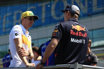 World © Octane Photographic Ltd. Formula 1 – British GP - Drivers’ Parade. Renault Sport F1 Team RS18 – Nico Hulkenberg and Aston Martin Red Bull Racing TAG Heuer RB14 – Max Verstappen. Silverstone Circuit, Towcester, UK. Sunday 8th July 2018.