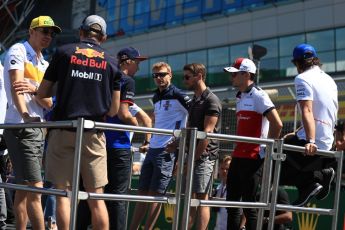 World © Octane Photographic Ltd. Formula 1 – British GP - Drivers’ Parade. Renault Sport F1 Team RS18 – Nico Hulkenberg and Aston Martin Red Bull Racing TAG Heuer RB14 – Max Verstappen. Silverstone Circuit, Towcester, UK. Sunday 8th July 2018.