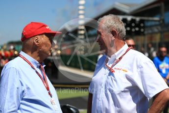 World © Octane Photographic Ltd. Formula 1 - British GP - Grid.Helmut Marko - advisor to the Red Bull GmbH Formula One Teams and head of Red Bull's driver development program and Niki Lauda - Non-Executive Chairman of Mercedes-Benz Motorsport
. Silverstone Circuit, Towcester, UK. Sunday 8th July 2018.