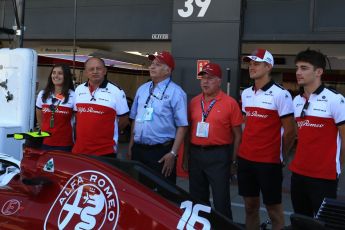 World © Octane Photographic Ltd. Formula 1 - British GP - Paddock. Ruben Juan Fangio - son of Juan Manuel Fangio, Tatiana Calderon - Development Driver Sauber F1 Team, Frederic Vasseur – Team Principal and CEO of Sauber Motorsport AG, Charles Leclerc and Marcus Ericsson. Silverstone Circuit, Towcester, UK. Sunday 8th July 2018.