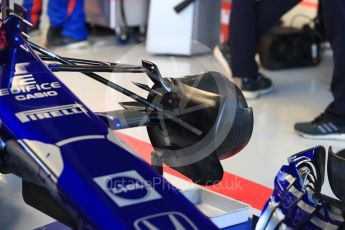 World © Octane Photographic Ltd. Formula 1 – British GP - Paddock. Scuderia Toro Rosso STR13 – Pierre Gasly front left suspension. Silverstone Circuit, Towcester, UK. Saturday 7th July 2018.