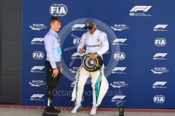 World © Octane Photographic Ltd. Formula 1 – British GP - Qualifying. Mercedes AMG Petronas Motorsport AMG F1 W09 EQ Power+ - Lewis Hamilton and Billy Monger. Silverstone Circuit, Towcester, UK. Saturday 7th July 2018.