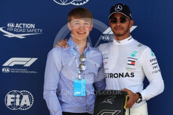 World © Octane Photographic Ltd. Formula 1 – British GP - Qualifying. Mercedes AMG Petronas Motorsport AMG F1 W09 EQ Power+ - Lewis Hamilton and Billy Monger. Silverstone Circuit, Towcester, UK. Saturday 7th July 2018.