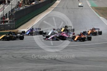 World © Octane Photographic Ltd. Formula 1 – British GP - Race. Sahara Force India VJM11 - Sergio Perez grabs a brake at the pack at the back of the grid. Silverstone Circuit, Towcester, UK. Sunday 8th July 2018.