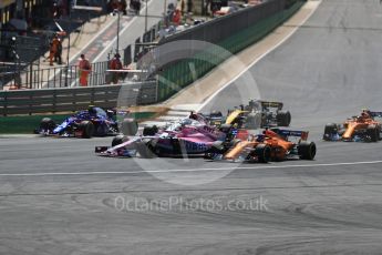 World © Octane Photographic Ltd. Formula 1 – British GP - Race. Sahara Force India VJM11 - Sergio Perez and McLaren MCL33 – Fernando Alonso. Silverstone Circuit, Towcester, UK. Sunday 8th July 2018.