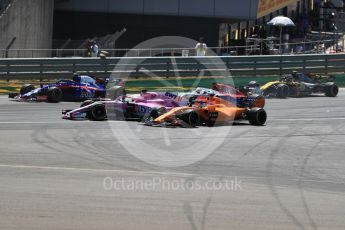 World © Octane Photographic Ltd. Formula 1 – British GP - Race. Sahara Force India VJM11 - Sergio Perez and McLaren MCL33 – Fernando Alonso. Silverstone Circuit, Towcester, UK. Sunday 8th July 2018.