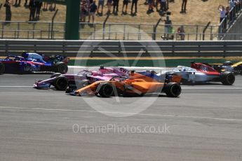 World © Octane Photographic Ltd. Formula 1 – British GP - Race. Sahara Force India VJM11 - Sergio Perez and McLaren MCL33 – Fernando Alonso. Silverstone Circuit, Towcester, UK. Sunday 8th July 2018.