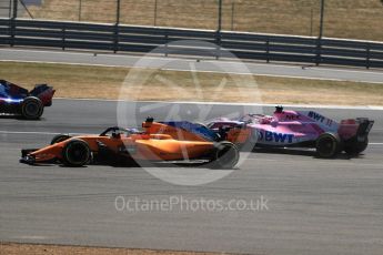World © Octane Photographic Ltd. Formula 1 – British GP - Race. Sahara Force India VJM11 - Sergio Perez and McLaren MCL33 – Fernando Alonso. Silverstone Circuit, Towcester, UK. Sunday 8th July 2018.