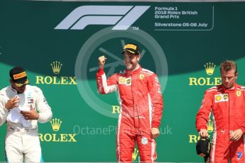 World © Octane Photographic Ltd. Formula 1 – British GP - Podium. Scuderia Ferrari SF71-H – Sebastian Vettel,
Mercedes AMG Petronas Motorsport AMG F1 W09 EQ Power+ - Lewis Hamilton and Kimi Raikkonen. Silverstone Circuit, Towcester, UK. Sunday 8th July 2018.