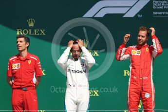 World © Octane Photographic Ltd. Formula 1 – British GP - Podium. Scuderia Ferrari SF71-H – Sebastian Vettel,
Mercedes AMG Petronas Motorsport AMG F1 W09 EQ Power+ - Lewis Hamilton and Kimi Raikkonen. Silverstone Circuit, Towcester, UK. Sunday 8th July 2018.