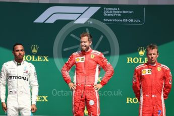 World © Octane Photographic Ltd. Formula 1 – British GP - Podium. Scuderia Ferrari SF71-H – Sebastian Vettel,
Mercedes AMG Petronas Motorsport AMG F1 W09 EQ Power+ - Lewis Hamilton and Kimi Raikkonen. Silverstone Circuit, Towcester, UK. Sunday 8th July 2018.