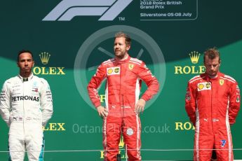 World © Octane Photographic Ltd. Formula 1 – British GP - Podium. Scuderia Ferrari SF71-H – Sebastian Vettel,
Mercedes AMG Petronas Motorsport AMG F1 W09 EQ Power+ - Lewis Hamilton and Kimi Raikkonen. Silverstone Circuit, Towcester, UK. Sunday 8th July 2018.