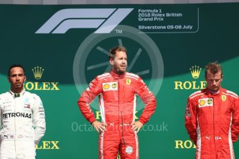 World © Octane Photographic Ltd. Formula 1 – British GP - Podium. Scuderia Ferrari SF71-H – Sebastian Vettel,
Mercedes AMG Petronas Motorsport AMG F1 W09 EQ Power+ - Lewis Hamilton and Kimi Raikkonen. Silverstone Circuit, Towcester, UK. Sunday 8th July 2018.
