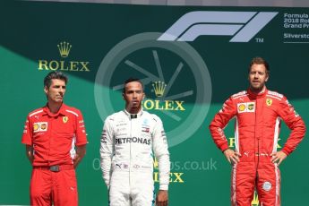 World © Octane Photographic Ltd. Formula 1 – British GP - Podium. Scuderia Ferrari SF71-H – Sebastian Vettel,
Mercedes AMG Petronas Motorsport AMG F1 W09 EQ Power+ - Lewis Hamilton and Kimi Raikkonen. Silverstone Circuit, Towcester, UK. Sunday 8th July 2018.
