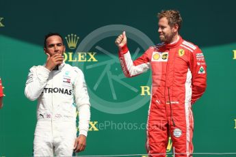 World © Octane Photographic Ltd. Formula 1 – British GP - Podium. Scuderia Ferrari SF71-H – Sebastian Vettel,
Mercedes AMG Petronas Motorsport AMG F1 W09 EQ Power+ - Lewis Hamilton. Silverstone Circuit, Towcester, UK. Sunday 8th July 2018.