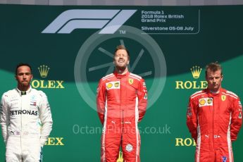 World © Octane Photographic Ltd. Formula 1 – British GP - Podium. Scuderia Ferrari SF71-H – Sebastian Vettel,
Mercedes AMG Petronas Motorsport AMG F1 W09 EQ Power+ - Lewis Hamilton and Kimi Raikkonen. Silverstone Circuit, Towcester, UK. Sunday 8th July 2018.