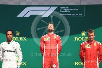 World © Octane Photographic Ltd. Formula 1 – British GP - Podium. Scuderia Ferrari SF71-H – Sebastian Vettel,
Mercedes AMG Petronas Motorsport AMG F1 W09 EQ Power+ - Lewis Hamilton and Kimi Raikkonen. Silverstone Circuit, Towcester, UK. Sunday 8th July 2018.