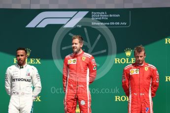 World © Octane Photographic Ltd. Formula 1 – British GP - Podium. Scuderia Ferrari SF71-H – Sebastian Vettel,
Mercedes AMG Petronas Motorsport AMG F1 W09 EQ Power+ - Lewis Hamilton and Kimi Raikkonen. Silverstone Circuit, Towcester, UK. Sunday 8th July 2018.