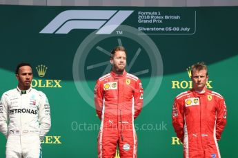 World © Octane Photographic Ltd. Formula 1 – British GP - Podium. Scuderia Ferrari SF71-H – Sebastian Vettel, Mercedes AMG Petronas Motorsport AMG F1 W09 EQ Power+ - Lewis Hamilton and Kimi Raikkonen. Silverstone Circuit, Towcester, UK. Sunday 8th July 2018.