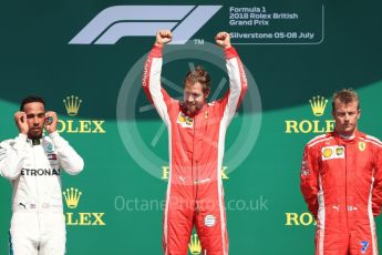 World © Octane Photographic Ltd. Formula 1 – British GP - Podium. Scuderia Ferrari SF71-H – Sebastian Vettel,
Mercedes AMG Petronas Motorsport AMG F1 W09 EQ Power+ - Lewis Hamilton and Kimi Raikkonen. Silverstone Circuit, Towcester, UK. Sunday 8th July 2018.