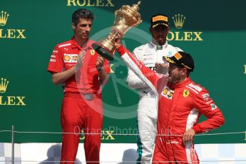 World © Octane Photographic Ltd. Formula 1 – British GP - Podium. Scuderia Ferrari SF71-H – Sebastian Vettel, Mercedes AMG Petronas Motorsport AMG F1 W09 EQ Power+ - Lewis Hamilton with Claudio Albertini. Silverstone Circuit, Towcester, UK. Sunday 8th July 2018.