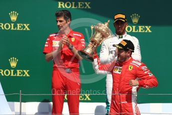 World © Octane Photographic Ltd. Formula 1 – British GP - Podium. Scuderia Ferrari SF71-H – Sebastian Vettel, Mercedes AMG Petronas Motorsport AMG F1 W09 EQ Power+ - Lewis Hamilton with Claudio Albertini. Silverstone Circuit, Towcester, UK. Sunday 8th July 2018.