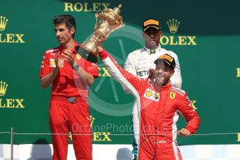 World © Octane Photographic Ltd. Formula 1 – British GP - Podium. Scuderia Ferrari SF71-H – Sebastian Vettel, Mercedes AMG Petronas Motorsport AMG F1 W09 EQ Power+ - Lewis Hamilton with Claudio Albertini. Silverstone Circuit, Towcester, UK. Sunday 8th July 2018.