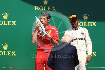 World © Octane Photographic Ltd. Formula 1 – British GP - Podium. Mercedes AMG Petronas Motorsport AMG F1 W09 EQ Power+ - Lewis Hamilton with Scuderia Ferrari's Claudio Albertini. Silverstone Circuit, Towcester, UK. Sunday 8th July 2018.