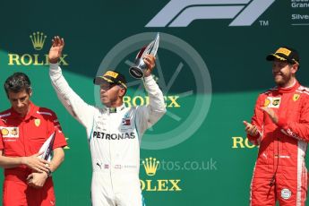 World © Octane Photographic Ltd. Formula 1 – British GP - Podium. Scuderia Ferrari SF71-H – Sebastian Vettel, Mercedes AMG Petronas Motorsport AMG F1 W09 EQ Power+ - Lewis Hamilton with Claudio Albertini. Silverstone Circuit, Towcester, UK. Sunday 8th July 2018.