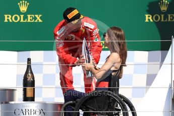 World © Octane Photographic Ltd. Formula 1 – British GP - Podium. Scuderia Ferrari SF71-H – Kimi Raikkonen and Nathalie McGloin - President of the FIA Disability and Accessibility Commission. Silverstone Circuit, Towcester, UK. Sunday 8th July 2018.
