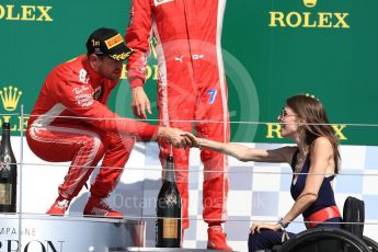 World © Octane Photographic Ltd. Formula 1 – British GP - Podium. Scuderia Ferrari SF71-H – Sebastian Vettel and Nathalie McGloin - President of the FIA Disability and Accessibility Commission. Silverstone Circuit, Towcester, UK. Sunday 8th July 2018.