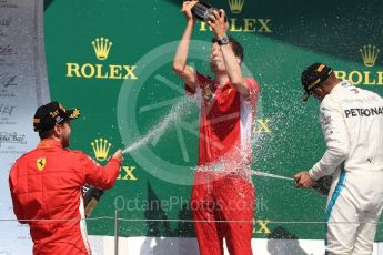 World © Octane Photographic Ltd. Formula 1 – British GP - Podium. Scuderia Ferrari SF71-H – Sebastian Vettel, Mercedes AMG Petronas Motorsport AMG F1 W09 EQ Power+ - Lewis Hamilton with Claudio Albertini. Silverstone Circuit, Towcester, UK. Sunday 8th July 2018.