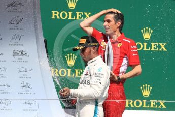 World © Octane Photographic Ltd. Formula 1 – British GP - Podium. Mercedes AMG Petronas Motorsport AMG F1 W09 EQ Power+ - Lewis Hamilton with Claudio Albertini. Silverstone Circuit, Towcester, UK. Sunday 8th July 2018.