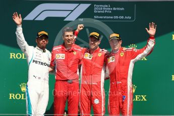 World © Octane Photographic Ltd. Formula 1 – British GP - Podium. Scuderia Ferrari SF71-H – Sebastian Vettel, Mercedes AMG Petronas Motorsport AMG F1 W09 EQ Power+ - Lewis Hamilton and Kimi Raikkonen with Claudio Albertini. Silverstone Circuit, Towcester, UK. Sunday 8th July 2018.