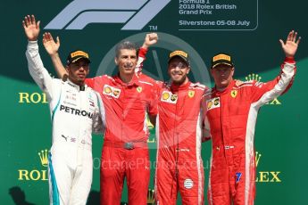 World © Octane Photographic Ltd. Formula 1 – British GP - Podium. Scuderia Ferrari SF71-H – Sebastian Vettel, Mercedes AMG Petronas Motorsport AMG F1 W09 EQ Power+ - Lewis Hamilton and Kimi Raikkonen with Claudio Albertini. Silverstone Circuit, Towcester, UK. Sunday 8th July 2018.