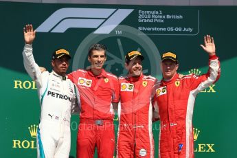 World © Octane Photographic Ltd. Formula 1 – British GP - Podium. Scuderia Ferrari SF71-H – Sebastian Vettel, Mercedes AMG Petronas Motorsport AMG F1 W09 EQ Power+ - Lewis Hamilton and Kimi Raikkonen with Claudio Albertini. Silverstone Circuit, Towcester, UK. Sunday 8th July 2018.