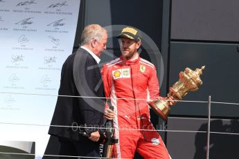 World © Octane Photographic Ltd. Formula 1 – British GP - Podium. Scuderia Ferrari SF71-H – Sebastian Vettel and Martin Brundel. Silverstone Circuit, Towcester, UK. Sunday 8th July 2018.