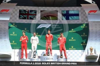 World © Octane Photographic Ltd. Formula 1 – British GP - Podium. Scuderia Ferrari SF71-H – Sebastian Vettel,
Mercedes AMG Petronas Motorsport AMG F1 W09 EQ Power+ - Lewis Hamilton and Kimi Raikkonen. Silverstone Circuit, Towcester, UK. Sunday 8th July 2018.
