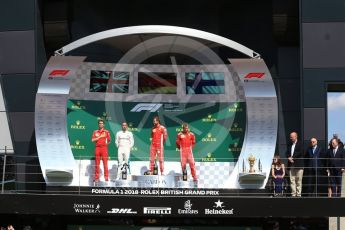 World © Octane Photographic Ltd. Formula 1 – British GP - Podium. Scuderia Ferrari SF71-H – Sebastian Vettel,
Mercedes AMG Petronas Motorsport AMG F1 W09 EQ Power+ - Lewis Hamilton and Kimi Raikkonen. Silverstone Circuit, Towcester, UK. Sunday 8th July 2018.