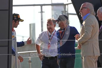 World © Octane Photographic Ltd. GP3 – British GP – Race 2. Nelson Picquet and Jean Alsei with David (Dave) Richards. Silverstone Circuit, Towcester, UK. Sunday 8th July 2018.