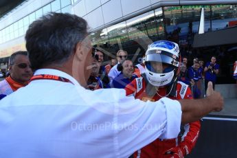 World © Octane Photographic Ltd. GP3 – British GP – Race 2. Trident - Guiliano Alesi with father Jean Alsei. Silverstone Circuit, Towcester, UK. Sunday 8th July 2018.