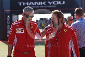 World © Octane Photographic Ltd. Formula 1 - British GP - Paddock. Gino Rosato - Corporate Affairs and Maurizio Arrivabene – Managing Director and Team Principal of Scuderia Ferrari. Silverstone Circuit, Towcester, UK. Sunday 8th July 2018.