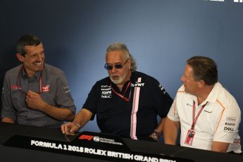 World © Octane Photographic Ltd. Formula 1 - British GP - Friday FIA Team Press Conference. Zak Brown - Executive Director of McLaren Technology Group, Vijay Mallya - Shareholder and Team Principal of Sahara Force India and Guenther Steiner  - Team Principal of Haas F1 Team. Silverstone Circuit, Towcester, UK. Friday 6th July 2018.
