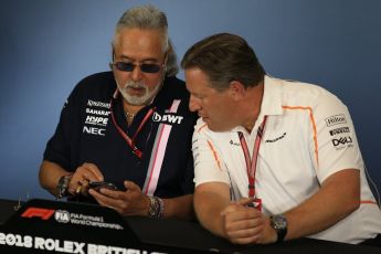 World © Octane Photographic Ltd. Formula 1 - British GP - Friday FIA Team Press Conference. Zak Brown - Executive Director of McLaren Technology Group and Vijay Mallya - Shareholder and Team Principal of Sahara Force India. Silverstone Circuit, Towcester, UK. Friday 6th July 2018.